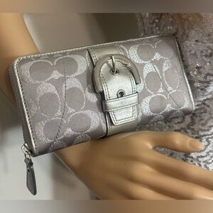Large Like New Coach wallet metallic grey & silver very clean